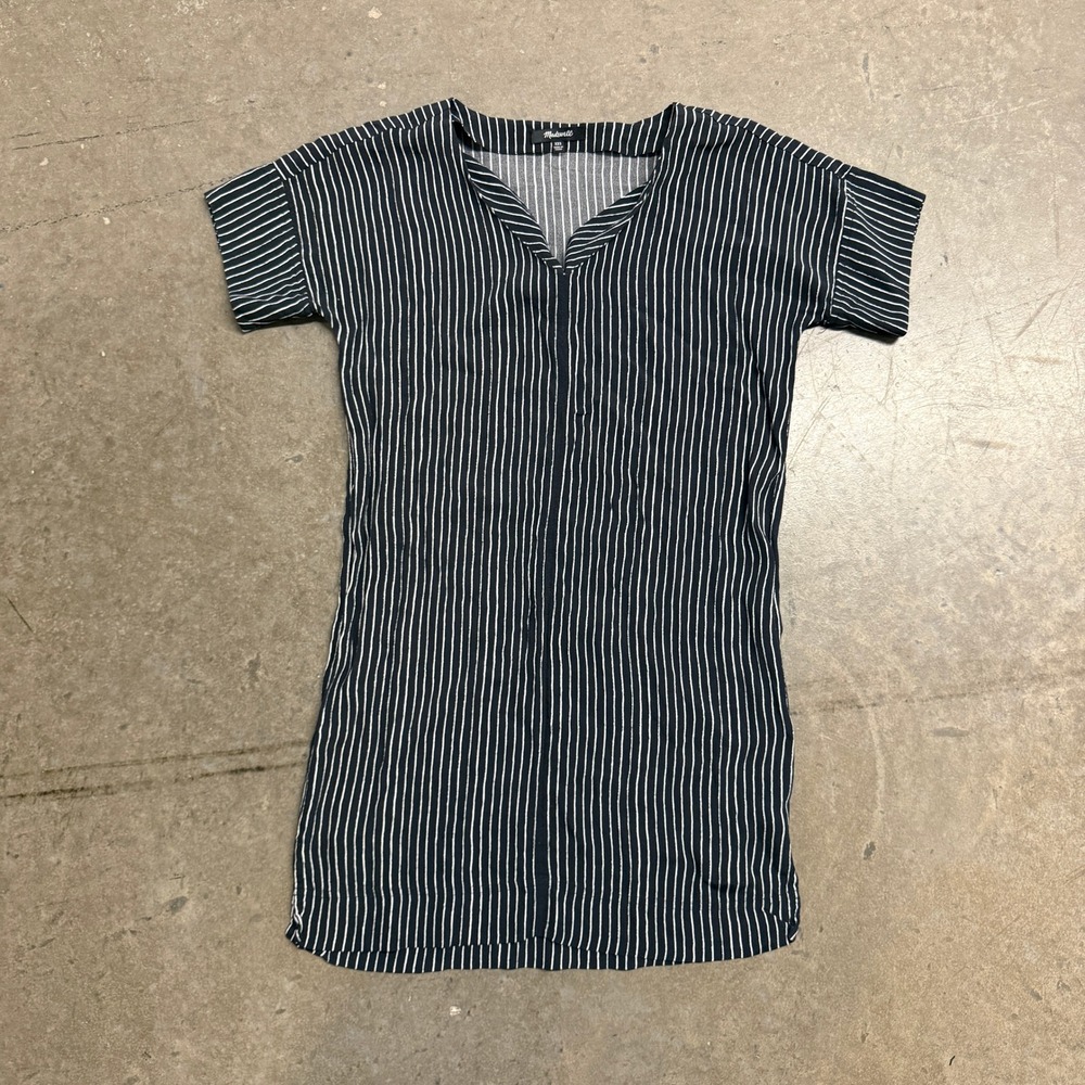Madewell Black White Striped V-Neck Short‎ Sleeve Shift Dress XXS 2463